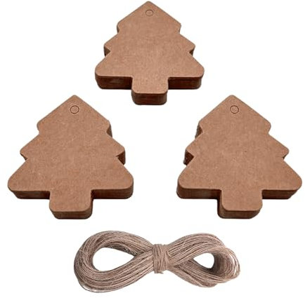 100 pcs Christmas Tree Kraft Paper Hanging Ornament Gift Tag, Parcel and Luggage Label String Pendant Decal, Brown