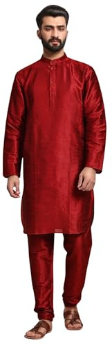 SKAVIJ Uomo Tunica Seta d'Arte Kurta Pigiama Set Rosso_S