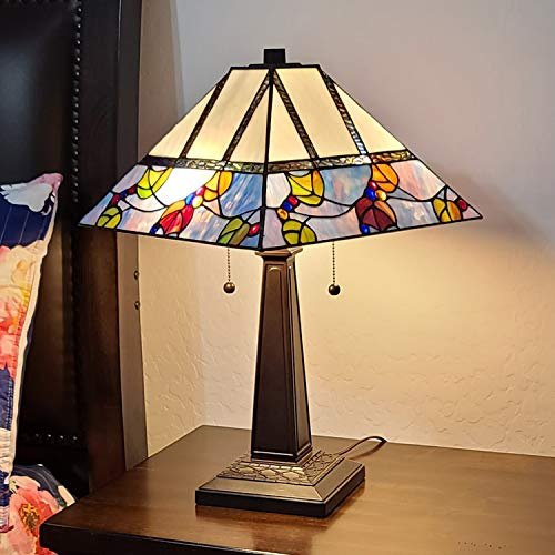Tiffany Style Table Lamp Banker Mission 22 Tall Stained Glass Tan Blue Red Orange Green Vintage Antique Light Décor Night Stand Living Room Bedroom Handmade Gift AM300TL14B Amora Lighting, Multicolor