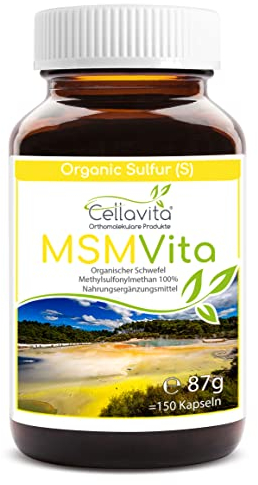 Cellavita – Capsule di zolfo organico MSM Vita ad alto dosaggio e puro al 99,9% – 150 capsule di metilsulfonilmetano puro in vetro – Polvere MSM senza additivi e conservanti – Made in Germany