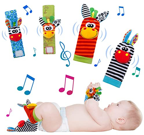 Yorgewd Juego de 4 sonajero de muñeca y buscadores de pies, juguete sensorial para bebés, niños y niñas de 0 a 12 meses