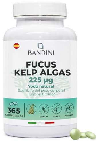 Bandini® Fucus Kelp Algae (Iodio Naturale 225mcg), 365 Compresse (Copertura 1 anno) 100% Vegane, Alga Bruna Titolata allo 0,1% in Iodio, Stimola il Metabolismo Energetico, Unghie, Capelli, Benessere