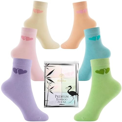 Klenton Calzini in Bambù per Bambina, Traspiranti Calze per Bambina con Motivo a Cuori Carino, Cuciture Piatte, Confezione Ecologica, Confezione da 6, Taglia EU 31-36