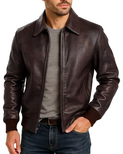 Fashion_First Brown Leather Jacket Mens Motorcycle Bomber Jacket