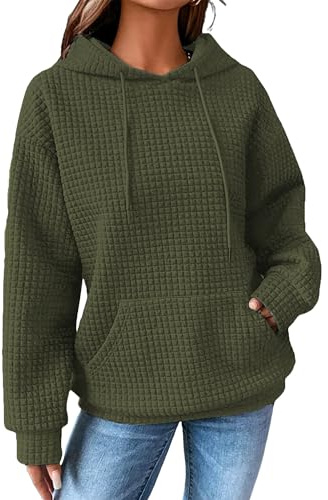 Zeagoo huvtröja dam oversize huvtröja casual våffeltröja långärmad tröja vinter huvtröja topp med ficka S–XXL, Armégrön, L