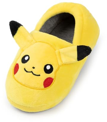 Pokemon Girls Slippers | Childrens Eevee Character Face Slip-On Loafer Slippers with 3D Ears | Kids Pocket Monsters Fur Lined House Shoes in Brown | Game TV Series Indoor Bedroom Footwear Merchandise