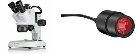 Bresser trinokulärt stereomikroskop Analyth STR Trino 10x – 40 x med dimbar LED-upp- och genomljus och bärhandtag för mobil användning & BRESSER MikrOkular Mikroskopkamera, Full HD, USB 2.0, Svart