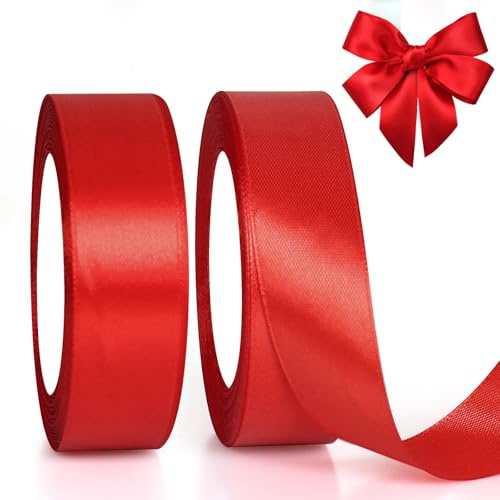 GXFCING Cinta de Satén Roja 25 mm x 46 m, Cinta de Raso Satén Para el Embalaje de Regalos, Globos, Artesanías, Decoración de Pastel, Ramos, Navidad (23 m/rollo)