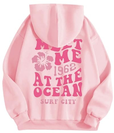 HUIFUAO Huvtröja för kvinnor, överdimensionerad tröja för kvinnor, Meet Me 1962 At The Ocean Surf City, tryckt pullover, topp