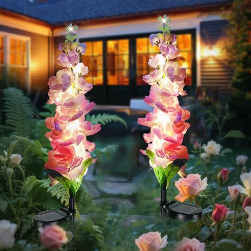 2 Pack Rose Solar Flower Outdoor Lights, Waterproof IP65 Garden Light, Rose Petal Design for Patio, Yard, Fence, garden ornament,mother birthday gifts (Violet Solar Pink)