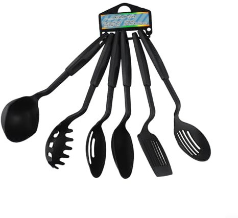 Set di 6 utensili da cucina in nylon antiaderenti, resistenti al calore, accessori per friggere con paletta, colino, mestolo, spatola scanalata