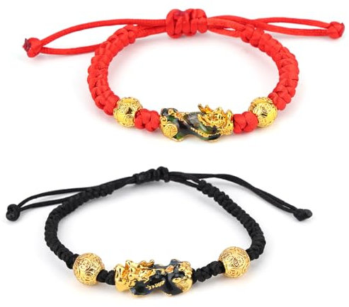 Mikovivi 2pcs Bracelet de Richesse, Bracelet Richesse Porte-Bonheur Rouge Noir avec des Bêtes Mythiques Chinoises Attire la Prospérité de la Fortune Bijoux Porte-Bonheur pour Hommes Femmes