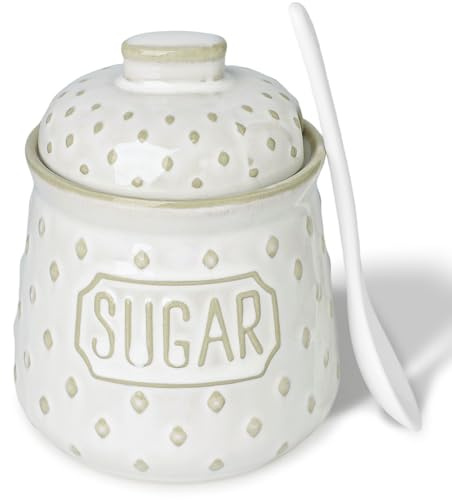 QUXIJA Sugar Bowl with Lid and Spoon, 10 OZ Ceramic Sugar Container for Kitchen Accessories, Sugar Storage Containers, Farmhouse Decor (Vintage White)