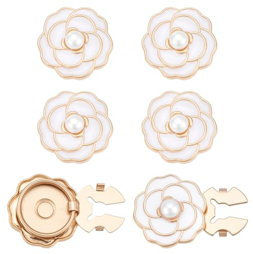 CRAFTMELODY 6Pcs Boutons de Manchette Fleur Alliage Blanc Camélia Fleur Boutons de Manchette Fleur Couvre Boutons avec Perle Boutons Décoratifs Clips Camélia Bouton Couvre