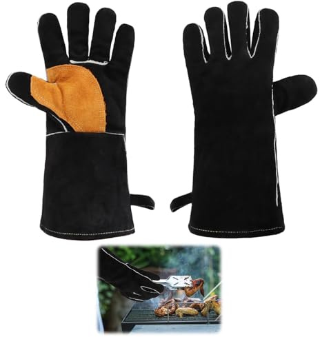 Lytari 14 Leather Welding Gloves Extreme Heat Resistant Fireproof Gauntlets for Wood Burners, BBQ, Fireplace, Grill, Multi Purpose Protective Mitts for Welder, BBQ Enthusiast (Black)
