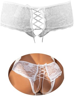 comeondear Sexy Lace Knickers for Women, Open Panties Hollow out Underwear Back Lace-up Pants Floral Patterned Wedding Knickers for Bride White, UK Plus Size 12 14