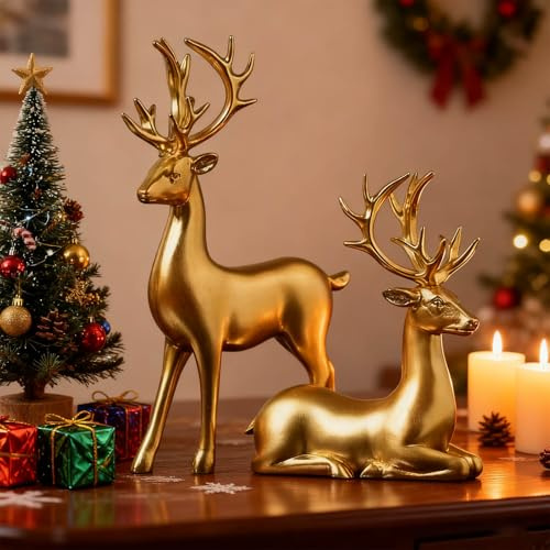 Christmas Reindeer Figurines, A Pair of Elk Statues Decor - Nordic European Style Table Craft, for Home, Christmas Decoration, Living Room and Office Decoration (Gold)
