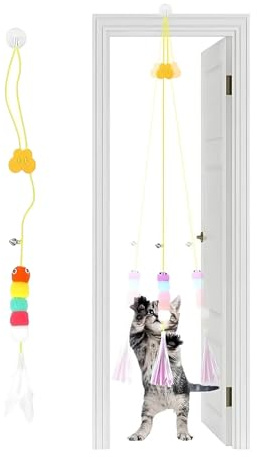 Jouet pour chat à suspendre - 2 m - Interactif - Cadre de porte - Chenille avec ressort - Cloche - Balles autocollantes - Crochet d'intérieur - Jouet pour chat - Activité, mouvement, instinct de