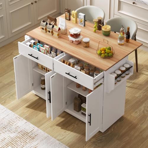 kozamas Carro de servicio con mesa plegable y patas intercambiables, color blanco, 2 puertas y 2 cajones, 120 x 46 (70) x 91,5 cm, ruedas y patas de madera, para cocina y comedor