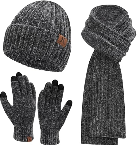 Womens Winter Knit Warm Hat Beanie Long Scarf Touch Screen Gloves Set Skull Caps Neck Scarves for Women Men Dark Grey