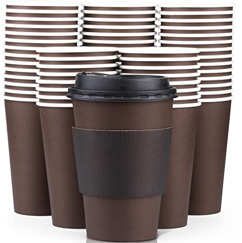Promora 12 oz Brown Disposable Coffee Cups with Lids & Sleeves, Hot Coffee Cup Sleeves Disposable, Premium Insulated To Go Paper Cups (12 oz, Pack of 80) Brown and Black