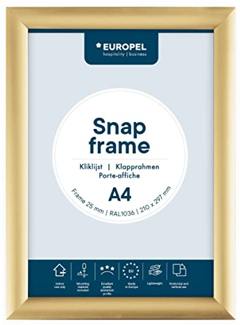 Europel leichte Klapprahmen DIN A4, Easy-Click System, Profil 25x11 mm, Farbe Gold, eloxierte Aluminium und blendfreie Schutzfolie, Außenmaß 241x328 mm, grau Polystyrol Rückseite
