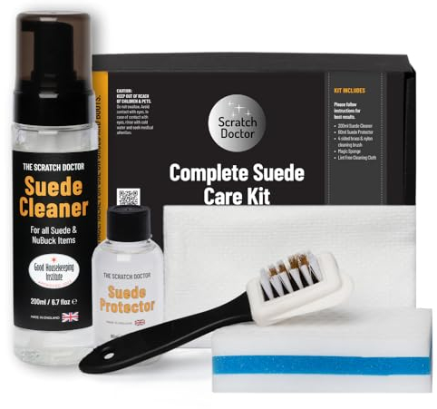 Scratch Doctor - Kit completo per la cura della pelle scamosciata e nabuk, spray protettivo in schiuma, spazzola metallica professionale inclusa per l'uso su scarpe, stivali, borse, giacche,