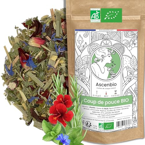 Ascenbio ✿ Infusion Coup de Pouce BIO ✿ Yerba Maté Parfumé ✿ Energie Concentration ✿ 180 g vrac ✿ Préparé et conditionné en France ✿ Emballage biodégradable