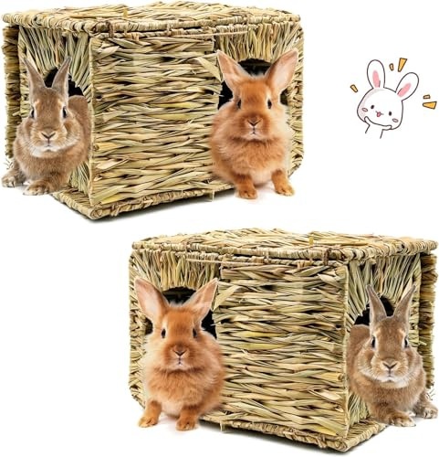 HYLYUN 2 Pack Extra Large Rabbit House, Natural Grass Hideaway Foldable Hut