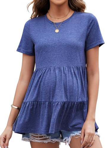 Brynmama Top da maternità a Maniche Corte Maglietta Gravidanza a Balze con Volant Top Peplum Casual Blu Scuro, M