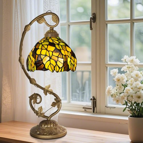Ppbmocw Tiffany Style Table Lamp,Leaves,3 Color Temperatures,8 inch | Small Stained Glass Lamp For Bedside,Living Room,Bedroom,Reading,Traditional Light,Vintage Art Deco Lamps,Holiday Gifts
