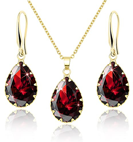 Linawe Conjunto de joyas doradas para mujer, conjunto de pendientes colgantes, collar de cadena con colgante de rubí rojo, joyería nupcial, conjunto de joyas de moda