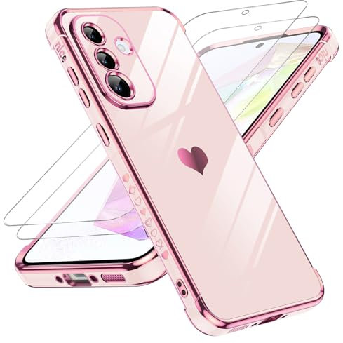 LeYi Funda para Samsung Galaxy A36/A 36 5G 5 G, Silicona Carcasa con 2pcs Cristal Templado, Corazón Amor Mujer Estuche Protector Galvanizado Suave Bumper Resistente Antigolpes Móvil Case, Rosa