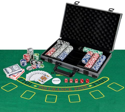 GOPLUS Komplett pokerset, pokerfodral av aluminium med 300/400 pokerchips, 2 kortkortkortplatser, 5 kuber, dealer knapp & bordsduk, kasino pokerfodral för Texas Hold'em, Blackjack & Turneringar (400