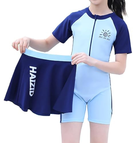 NautySaurs Girls One-Piece Swimsuit with Detachable Skirt, Kids Raglan Sleeve Two-Tone Swimming Costume, Short Sleeve Swimwear for Big Girls (Light Blue, 9-10 Years)