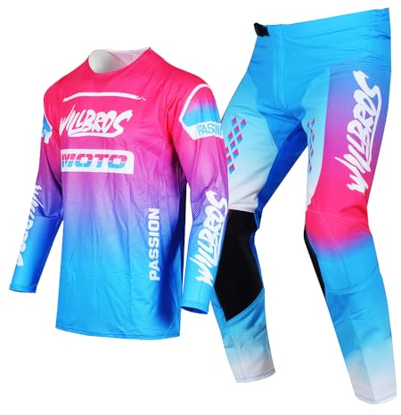 Willbros Youth Moto Gear Set Pant and Jersey Combo for Kids MX Motocross Children Racing Suit Offroad MTB Motorcycle Boys Girls Blue Pink YXL