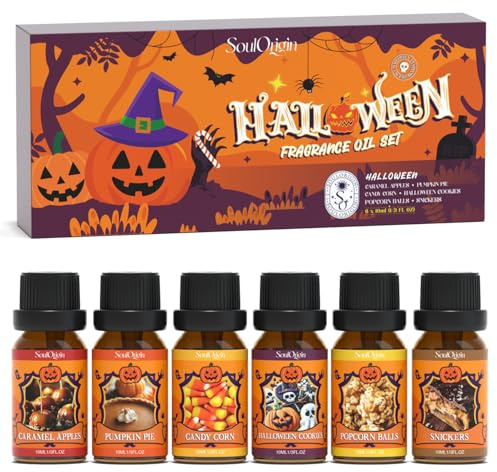 SoulOrigin Kit d'huiles essentielles d'Halloween pour diffuseurs d'huile, pierre parfumée et savon - 6 x 10 ml - Pommes caramel, gâteau citrouille, maïs, biscuits d'Halloween, boules de pop-corn
