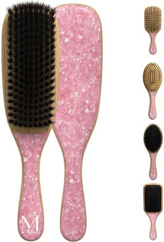 MOONIE'S Spazzola per capelli in 100% bambù, spazzola quadrata con peli di cinghiale, ideale per un look lucido e liscio, spazzola per capelli in legno di alta qualità per donne, uomini e bambini