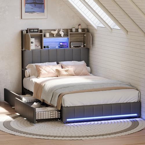 KOOPMAD Cama individual 90 x 200 cm con espacio de almacenamiento, cama acolchada con LED y USB, cama con cajón con 2 cajones, cama juvenil de 90 x 200 cm con cabecero de almacenamiento, cama de