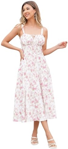 IWEMEK Robe Corset Femme d'été, Robe Longue Boho Chic à Bretelles Réglables - Imprimé Fleuri, Dos Nu, Taille Cintrée, Manche-Épaulette, Longueur Mi-Mollet pour Vacances, Plage, Mariage
