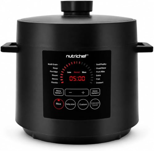 NutriChef Pentola a Pressione Elettrica 6 Litri, 1000 Watt Multicooker, Cuociriso, Slow Cooker, Vaporiera Elettrica, Acciaio Inox, LCD, Timer, Mantieni Caldo, Nero