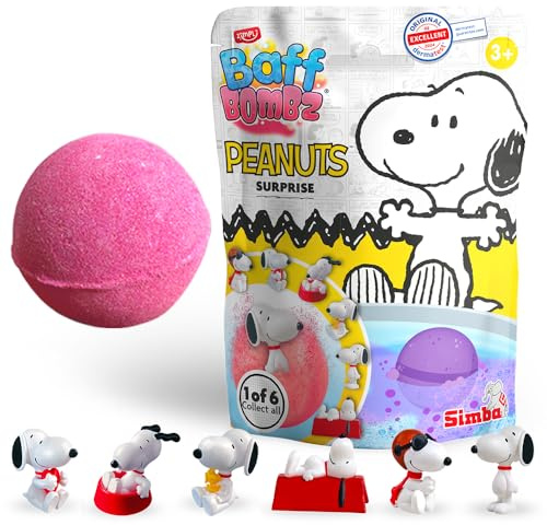 ZIMPLI Large Peanuts Surprise Bath Bomb, 1 of 6 Surprise Snoopy Toys to Collect, One per Baff Bomb, Bath Bomb Pocket Money Gift, Collectible Figures, Party Bag Favours
