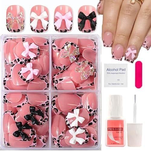 96Pcs Kids Stick On Nails - Colorful Leopard French Bow Fake Nails with Glue & Nail File - Short Square Press On Nails Teens/Women/Girls - Plastic Childrens False Nails for Nail Decoration