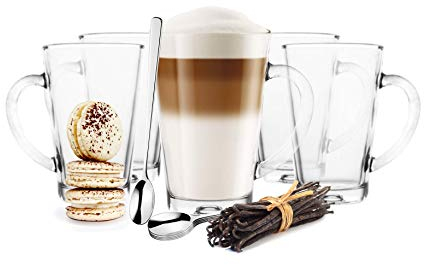 Juego de 6 vasos de cristal con asa de 300 ml para latte macchiato y 6 cucharillas de acero inoxidable