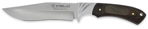 iFIELD Cuchillo de caza deportivo Camper EL29009, total 26 cms, hoja 14 cm de acero inox, mango stamina, funda de piel, color marrón, herramienta de camping para pesca, caza, actividad deportiva