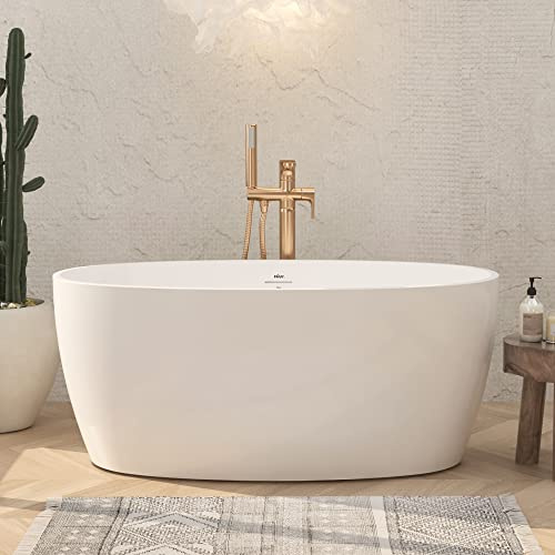 FerdY Tahiti 55 Acrylic Freestanding Bathtub, Elegant Oval Shape Soaking Bathtub, Glossy White, Brushed Nickel Drain & Integrated Slotted Overflow Assembly Included cUPC Certified