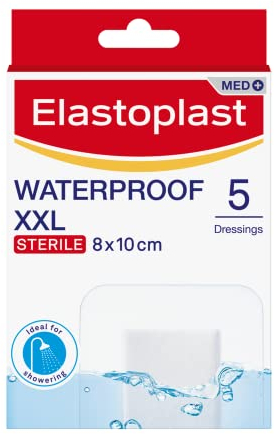 Elastoplast Waterproof XXL Med+ Dressings (5 Pieces), Pack of First Aid Plasters, Large Plasters for Post-Operative Wounds, Waterproof Sterile Dressings for Wounds, 0% Latex, Clear