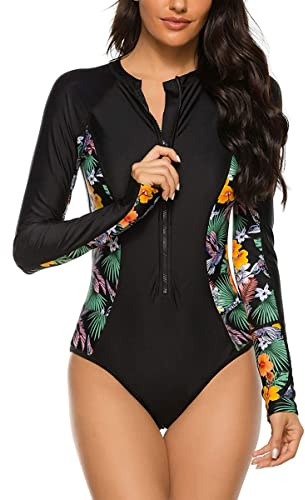 Ruuione Women's One-Piece Long Sleeve Sports Surfing Swimsuit Chest with Zip Swimwear(XL,3Jungle)