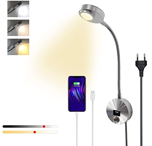 YNDD Leselampe Wandmontage, Dimmbare Wand Leseleuchte Schwanenhals Bettlampe mit USB Ladeanschluss, Touch Schalter, 3W Wandleselampe mit Stecker und Kabel für Schlafzimmer Bett, Silber