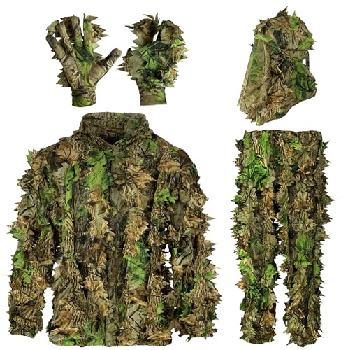 AYIN Ghillie Suit For Men, Hunting Suits 3D Leaf Bush Gillie Suit Camo Turkey Hunting, Hooded Gillies Camo Hunting Suits (SM/MD, Green Leaf)